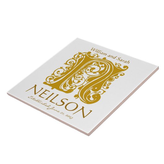 Carreau N Monogramme or en blanc - Noms Mariage Date Tile (Côté)