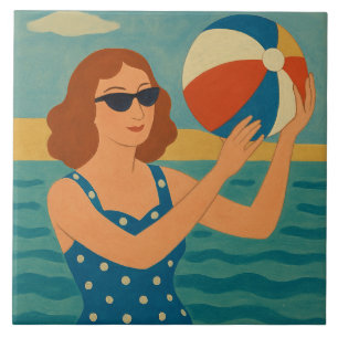 Carreau Nageur vintage avec ballon de plage