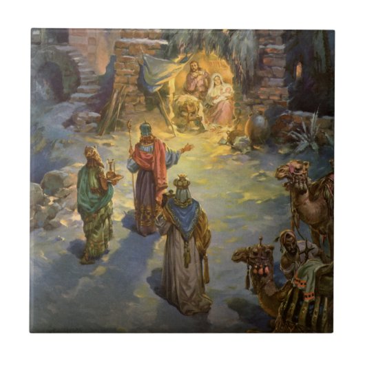 Carreau Nativité de Noël Vintage avec Magi Visite (Devant)