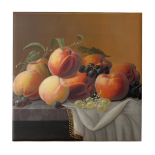 Carreau Nature morte vintage avec des pêches et des raisin