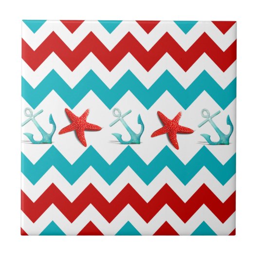 Carreau Nautical Beach Rouge Turquoise Chevron Ancres Star (Devant)
