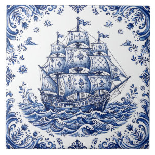 Carreau Navire marchand de style Delft bleu blanc