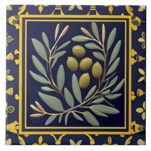 Carreau Navy Blue Green Olives Mediterranean Olive Branch (Devant)