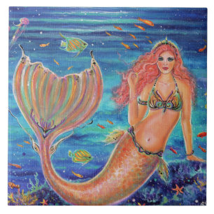 Carreau Naya mermaid aux poissons tropicaux par Renee Lavo