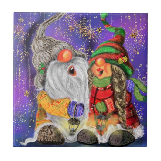 Carreau Noël Carrelage en céramique Cadeau Gnomes heureux  (Devant)