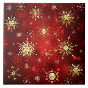 Carreau Noël Golden Snowflakes sur Arrière - plan rouge
