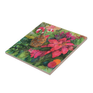 Carreau Noel Poinsettia peinture aquarelle originale