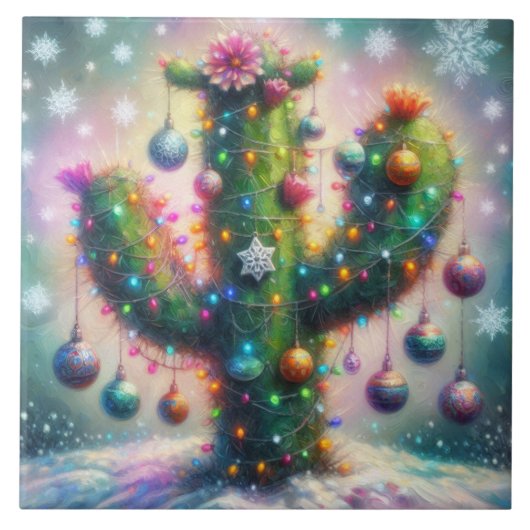 Carreau Noël Saguaro Cactus Whimsical Snowflakes (Devant)