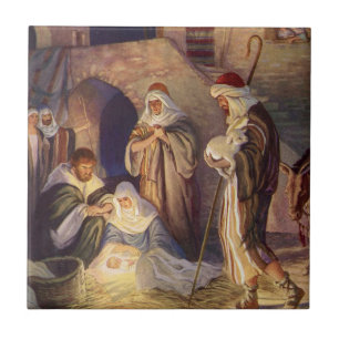 Carreau Noël vintage de la Nativité, 3 bergers et Jésus