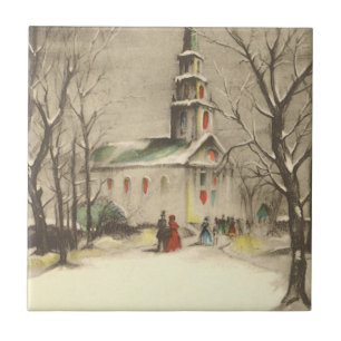 Carreau Noël vintage, Eglise dans le paysage hivernal