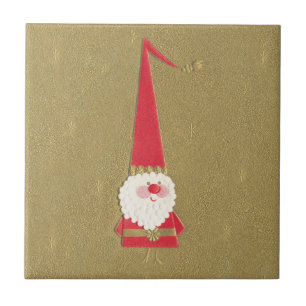 Carreau Noël vintage, joli gnome Père Noël sur fond doré