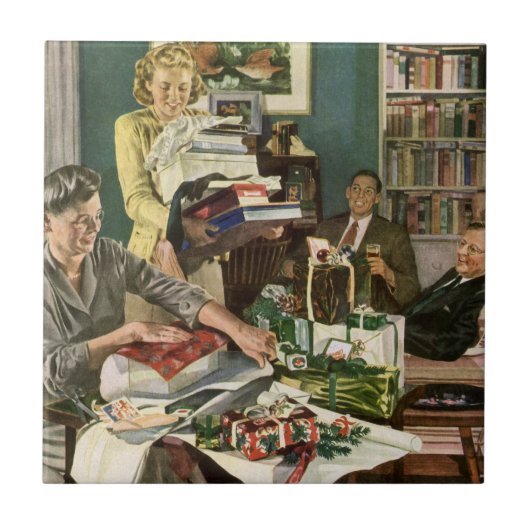 Carreau Noël Vintage, Joyeux Cadeaux d'Enveloppement Famil (Devant)