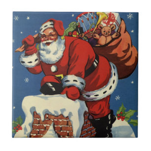Carreau Noël vintage, le Père Noël descend la cheminée ave