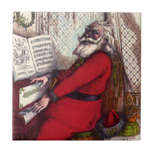 Carreau Noël vintage, Thomas Nast Père Noël au piano