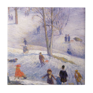 Carreau Noël vintage, traîneau, Central Park Glackens