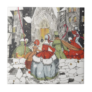 Carreau Noël vintage victorien, personnes allant à l'églis