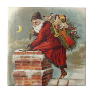 Carreau Noël vintage victorien Saint Nicolas sur le toit