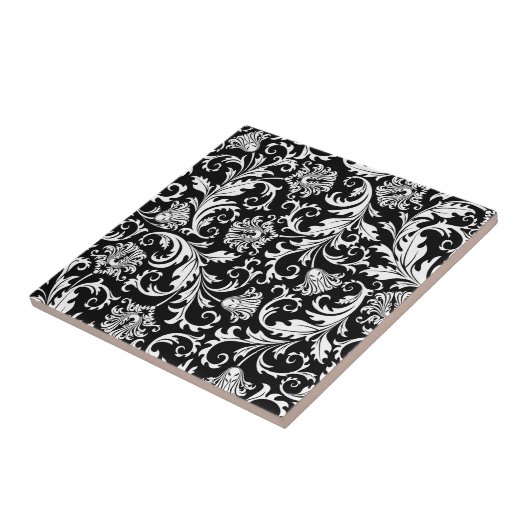 Carreau Noir & Blanc Élégant motif de Damas Florales (Côté)