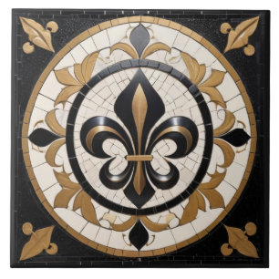 Carreau Noir Blanc et Or Fleur de Lis Faux Mosaïque