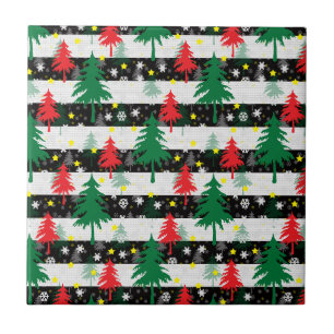 Carreau Noir Blanc Stripes Neiges Rouge Vert Arbres