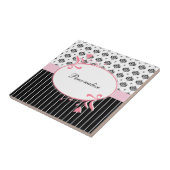 Carreau Noir Et Blanc Damas Chic Rose Floral Avec Nom (Côté)