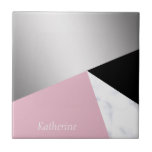 Carreau Noir rose de marbre blanc argenté géométrique<br><div class="desc">Argent géométrique élégant et élégant de faux,  bloc de marbre,  rose et noir blanc de couleur.</div>