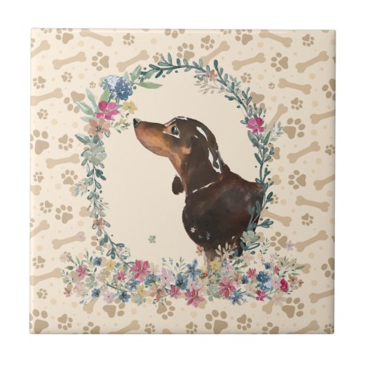 Carreau noir & Tan Dachshund Chien Empreinte de patte Flor (Devant)