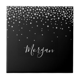 Carreau Nom DIY Écriture Blanche & Diamants Blancs, Noir