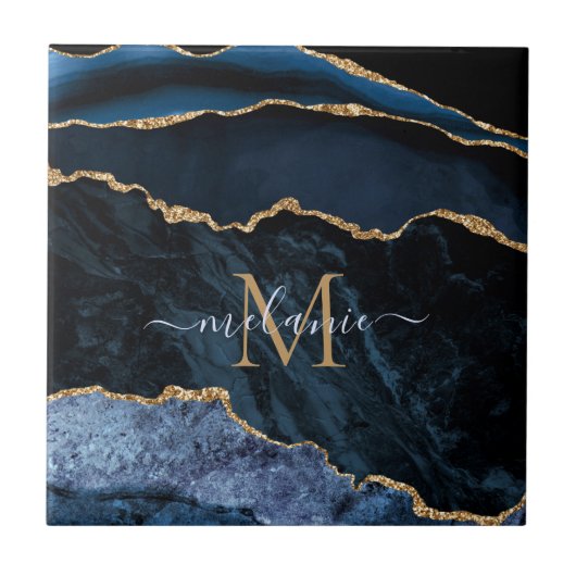 Carreau Nom du monogramme Agate Marine Bleu Gold Gemstone (Devant)