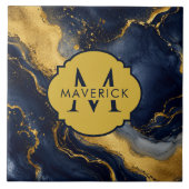 Carreau Nom en monogramme sur marbre abstrait NavyGold Flu (Devant)
