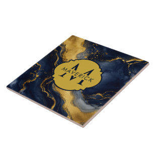Carreau Nom en monogramme sur marbre abstrait NavyGold Flu