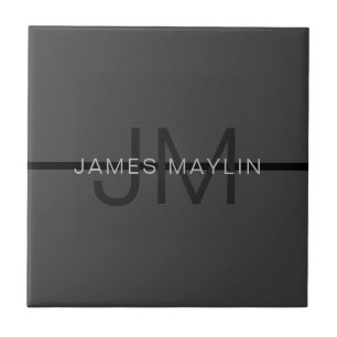 Carreau Nom et monogramme gris foncé élégant et masculin