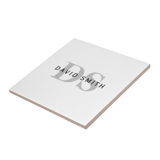 Carreau Nom et monogramme modernes | Blanc noir et gris (Côté)