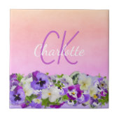 Carreau Nom floral rose violet script monogramme (Devant)