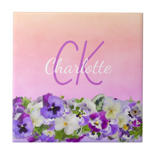 Carreau Nom floral rose violet script monogramme (Devant)