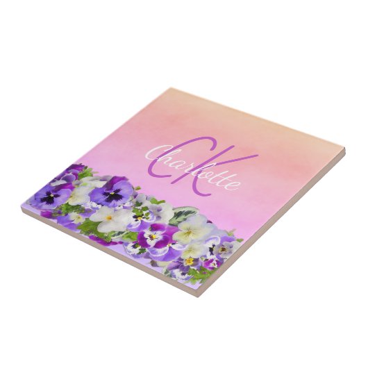 Carreau Nom floral rose violet script monogramme (Côté)