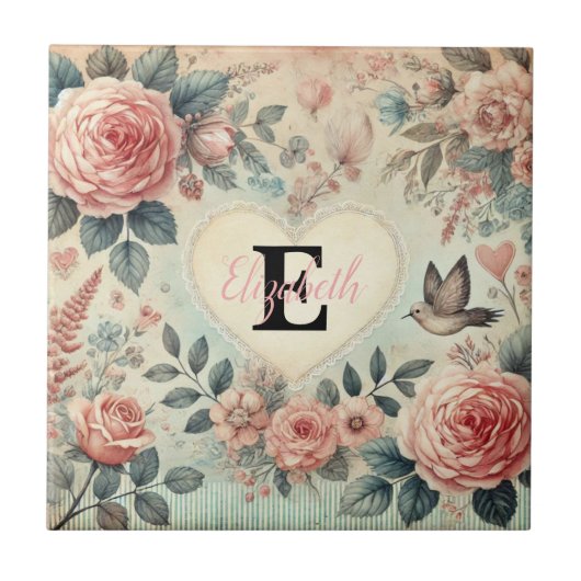 Carreau Nom monogramme Coeurs romantiques vintages rose fl (Devant)