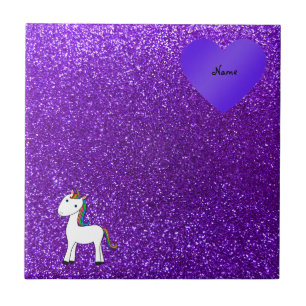 Carreau Nom personnalisé mignon licorne pourpre coeur de p