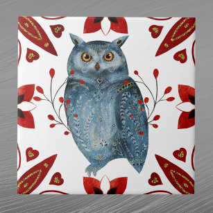 Carreau Nordique Blue Owl Aquarelle Folk Art