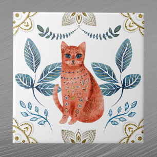 Carreau Nordique Orange Chat Aquarelle Folk Art