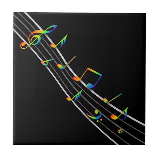 Carreau Notes musicales en arc-en-ciel 3D note sur noir (Devant)