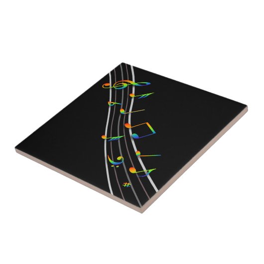 Carreau Notes musicales en arc-en-ciel 3D note sur noir (Côté)