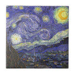 Carreau Nuit étoilée par Vincent van Gogh<br><div class="desc">Starry Night by Vincent van Gogh est un post impressionnisme d'art vintage paysage de paysages avec vue sur Saint Rémy, France depuis l'asile de van Gogh. Le ciel nocturne tourbillonne de nuages avec une lune brillante et des étoiles brillantes au-dessus du village pittoresque. Starry Night est probablement le tableau le...</div>