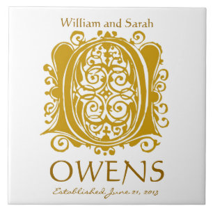 Carreau O Monogramme or en blanc - Noms Mariage Date Tile