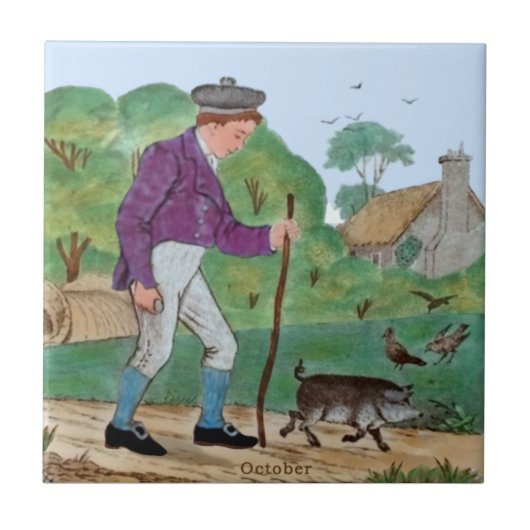 Carreau Octobre Polychrome Wedgwood Boy Pig Antique Repro (Devant)