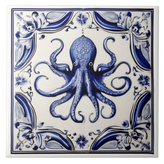 Carreau Octopus Blue and White Sea thème Beach House (Devant)