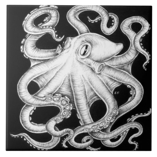 Carreau Octopus Encre Noire Et Blanche (Devant)