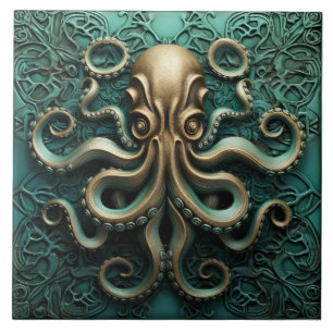 Carreau Octopus Turquoise et cuivre Vie aquatique