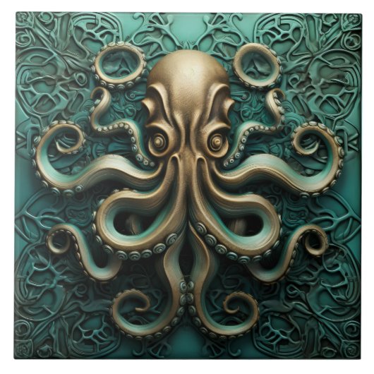 Carreau Octopus Turquoise et cuivre Vie aquatique (Devant)