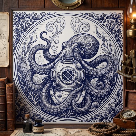 Carreau Œuvre d'art de gravure de casque de plongée de pie